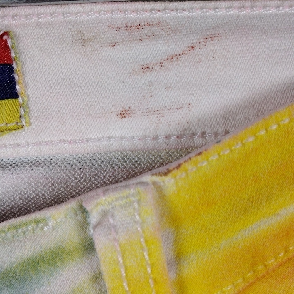 Go Glory Pink Yellow Tie-Dye Mid Rise Button Zip Ripped Skinny Colored Jeans - Picture 11 of 16
